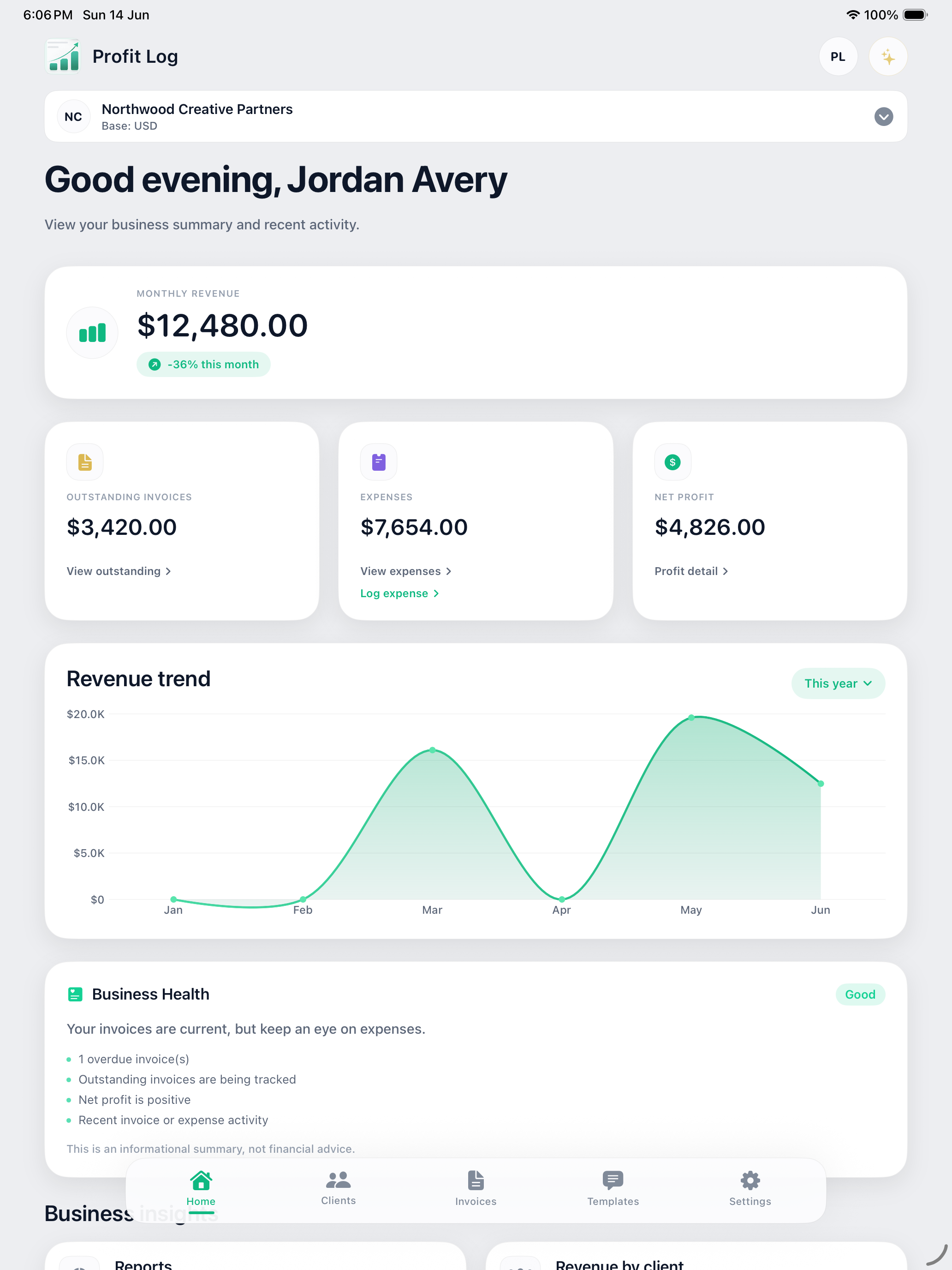 Profit Log on iPad — Home dashboard