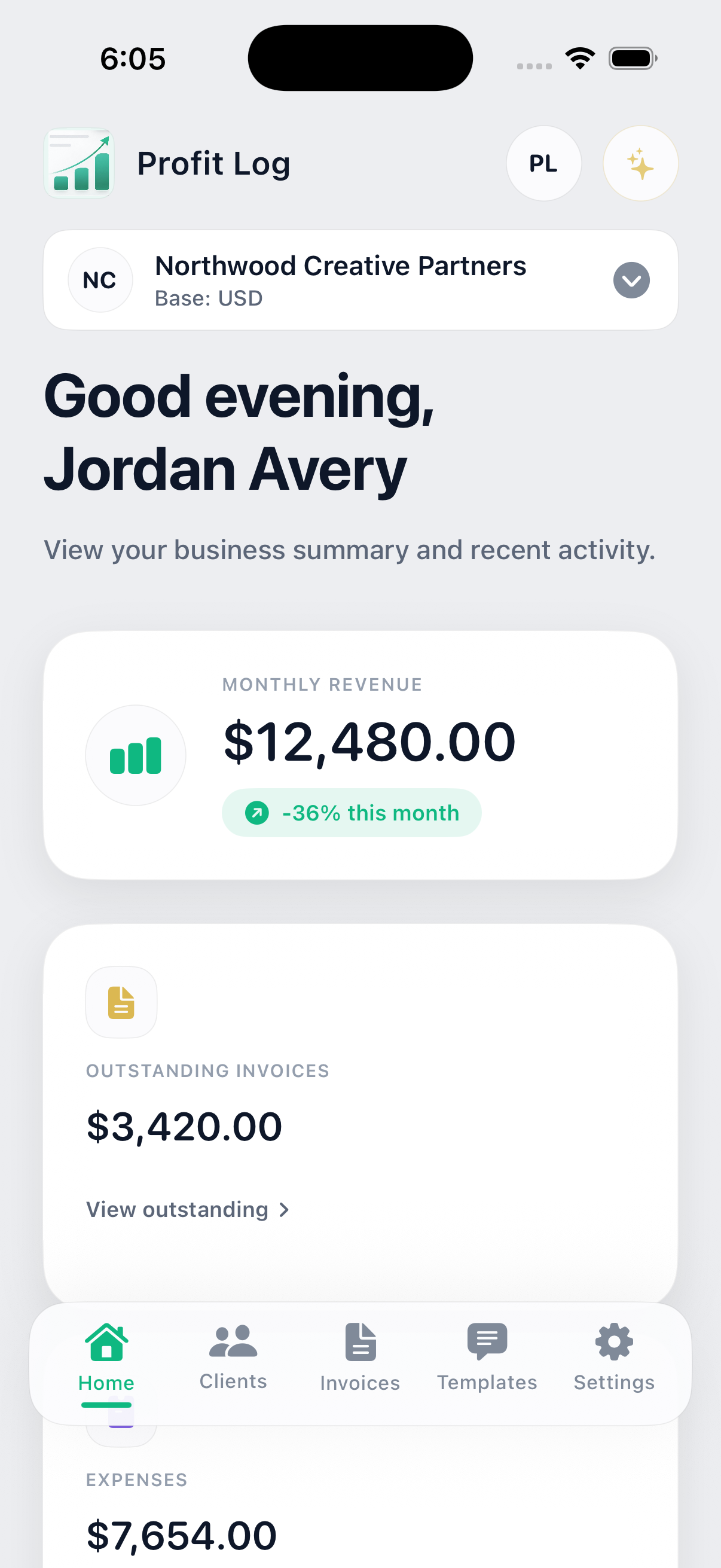 Profit Log on iPhone — Home dashboard